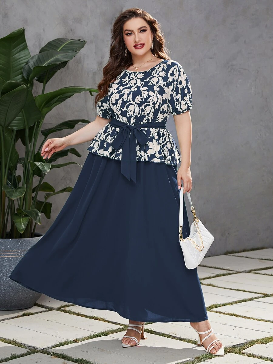 Modelyn Đầm Plus Size Thắt lưng Hoa Thanh lịch - Màu xanh hải quân - Xem 1
