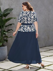 Modelyn Đầm Plus Size Thắt lưng Hoa Thanh lịch - Màu xanh hải quân - Xem 2