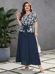 Modelyn Đầm Plus Size Thắt lưng Hoa Thanh lịch - Màu xanh hải quân - Xem 3