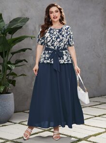 Modelyn Đầm Plus Size Thắt lưng Hoa Thanh lịch - Màu xanh hải quân - Xem 4