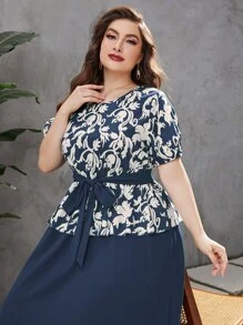 Modelyn Đầm Plus Size Thắt lưng Hoa Thanh lịch - Màu xanh hải quân - Xem 5