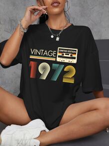 Audiotape And Letter Graphic Drop Shoulder Oversized Tee - Black - View 1
