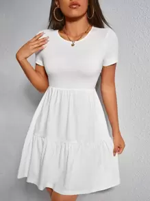 SHEIN PETITE Vestido de cuello redondo bajo con fruncido - Blanco - Ver 1