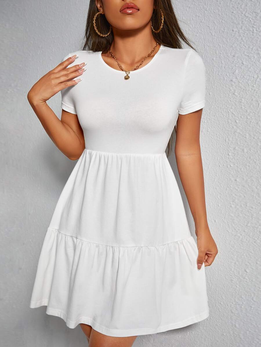 SHEIN PETITE Vestido de cuello redondo bajo con fruncido - Blanco - Ver 1