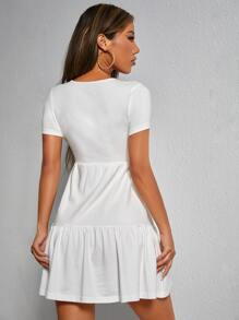 SHEIN PETITE Vestido de cuello redondo bajo con fruncido - Blanco - Ver 2