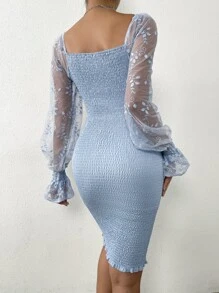 SHEIN Belle 拼接植物刺繡網紗荷葉袖打褶緊身洋裝 - 霧霾藍 - 查看 2