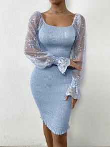 SHEIN Belle 拼接植物刺繡網紗荷葉袖打褶緊身洋裝 - 霧霾藍 - 查看 3