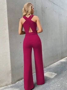 SHEIN Privé Crisscross Zip Back Jumpsuit - Red Violet - View 2