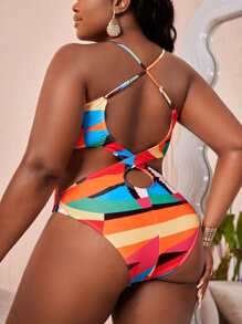 大碼幾何印花露背交叉連體泳衣 - 彩色 - 查看 1