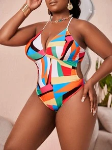 大碼幾何印花露背交叉連體泳衣 - 彩色 - 查看 2