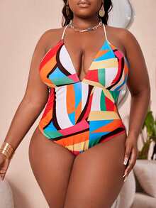 大碼幾何印花露背交叉連體泳衣 - 彩色 - 查看 3