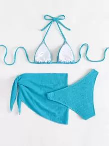 Smocked Bikini Set Halter Triangle Bra Top & Hipster Bikini Bottom &  Skirt 3 Piece Bathing Suit - Mint Blue - View 2