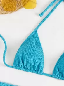 Smocked Bikini Set Halter Triangle Bra Top & Hipster Bikini Bottom &  Skirt 3 Piece Bathing Suit - Mint Blue - View 3