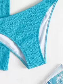 Smocked Bikini Set Halter Triangle Bra Top & Hipster Bikini Bottom &  Skirt 3 Piece Bathing Suit - Mint Blue - View 4