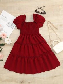 SHEIN 小女童打褶泡泡袖荷葉邊連衣裙 - 酒紅色 - 查看 2