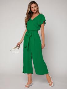 SHEIN Privé Butterfly Sleeve Belted Jumpsuit - Green - View 1