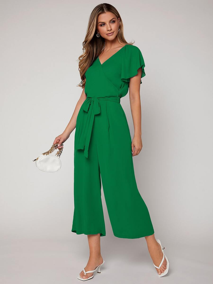 SHEIN Privé Butterfly Sleeve Belted Jumpsuit - Green - View 1