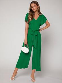 SHEIN Privé Butterfly Sleeve Belted Jumpsuit - Green - View 3