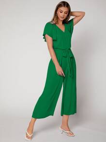 SHEIN Privé Butterfly Sleeve Belted Jumpsuit - Green - View 5