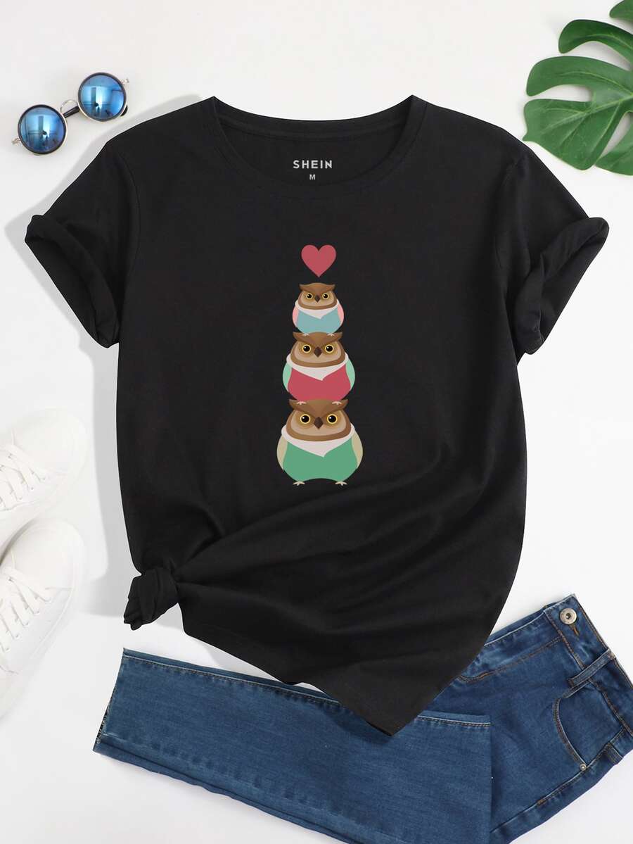 Camiseta búho con con estampado de corazón - Negro - Ver 1