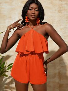 Slaydiva Ruffle Backless Cami Romper - Orange - View 1