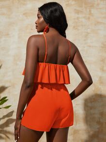 Slaydiva Ruffle Backless Cami Romper - Orange - View 2