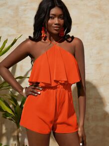 Slaydiva Ruffle Backless Cami Romper - Orange - View 4