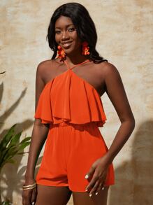 Slaydiva Ruffle Backless Cami Romper - Orange - View 5