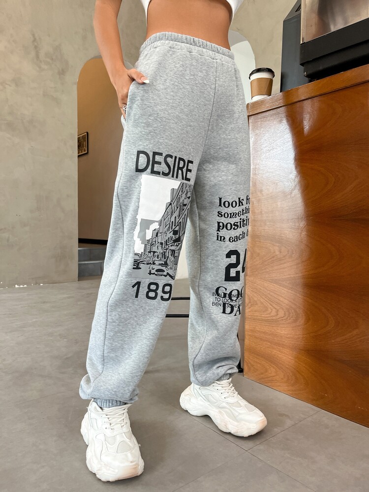 Building & Slogan Graphic Joggers - Light Grey - View 6