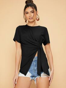 SHEIN Privé Áo thun nữ Bất đối xứng Thắt nút Chia màu trơn Giải trí - màu đen - Xem 3