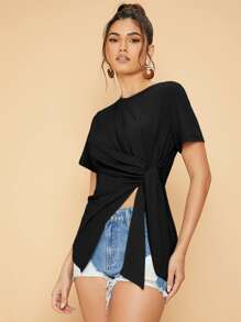 SHEIN Privé Áo thun nữ Bất đối xứng Thắt nút Chia màu trơn Giải trí - màu đen - Xem 4