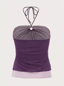 SHEIN ICON 雙色網紗掛脖上衣 - 紫色 - 查看 2