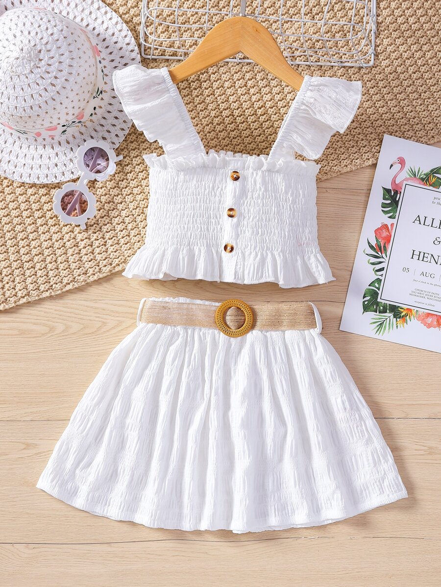 SHEIN 小女童荷葉邊打褶上衣和腰帶半身裙
