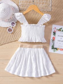 SHEIN 小女童荷葉邊打褶上衣和腰帶半身裙