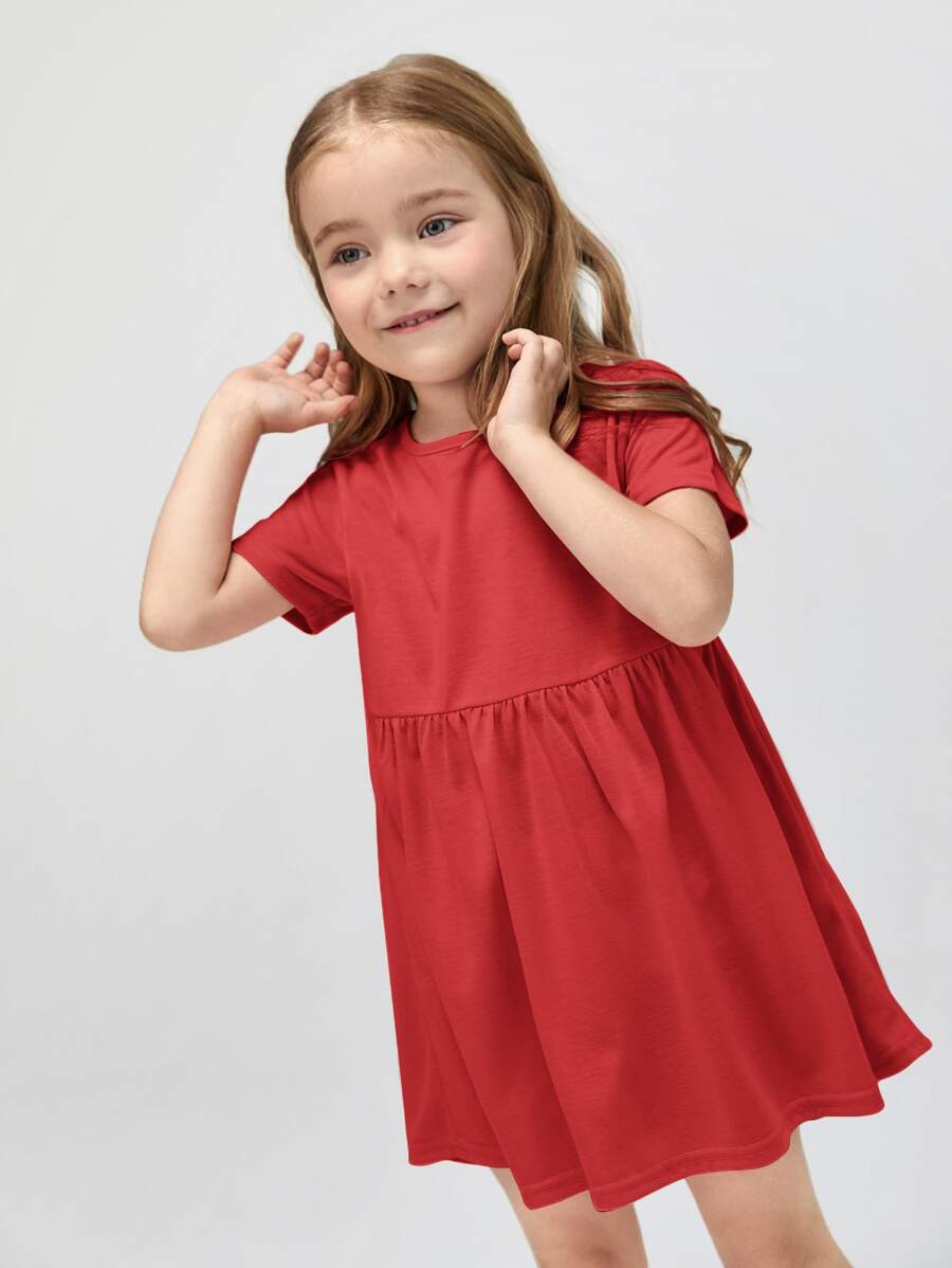 SHEIN Toddler Girls Solid Smock Dress - Red - View 1
