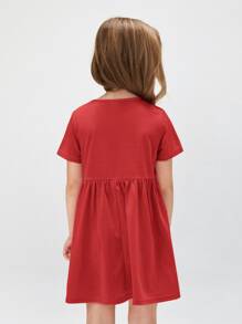 SHEIN Toddler Girls Solid Smock Dress - Red - View 2