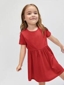SHEIN Toddler Girls Solid Smock Dress - Red - View 6