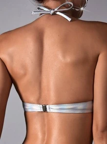 SHEIN Swim Top bikini halter con lentejuelas ribete con fleco con cordón trasero