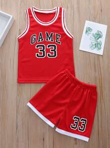 SHEIN 年輕男孩字母圖案背心和田徑短褲 - 紅色 - 查看 1