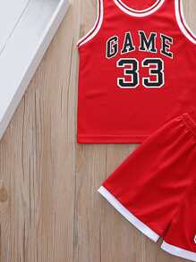 SHEIN 年輕男孩字母圖案背心和田徑短褲 - 紅色 - 查看 3