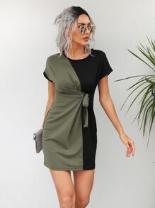 SHEIN LUNE Two Tone Knot Side Batwing Sleeve Fitted Dress - Multicolor - View 1