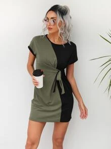 SHEIN LUNE Two Tone Knot Side Batwing Sleeve Fitted Dress - Multicolor - View 3