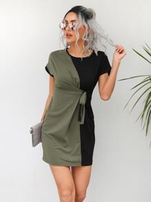 SHEIN LUNE Two Tone Knot Side Batwing Sleeve Fitted Dress - Multicolor - View 4