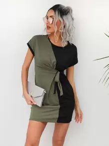 SHEIN LUNE Two Tone Knot Side Batwing Sleeve Fitted Dress - Multicolor - View 5