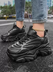 Textured Lace-up Front Chunky Sneakers - Black - View 1