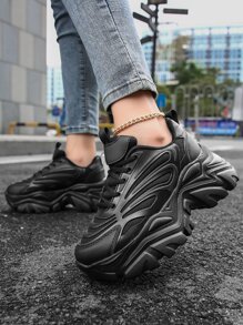 Textured Lace-up Front Chunky Sneakers - Black - View 2