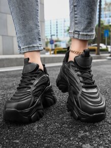 Textured Lace-up Front Chunky Sneakers - Black - View 4