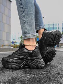 Textured Lace-up Front Chunky Sneakers - Black - View 5