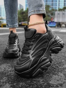 Textured Lace-up Front Chunky Sneakers - Black - View 6