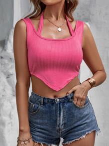 SHEIN VCAY 後綁帶手帕下擺羅紋針織上衣 - 粉色 - 查看 3